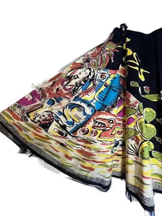 Vintage Funky People Aztec Mayan Ruins Volcano Print Embellished Midi Skirt - Picture 3 of 8